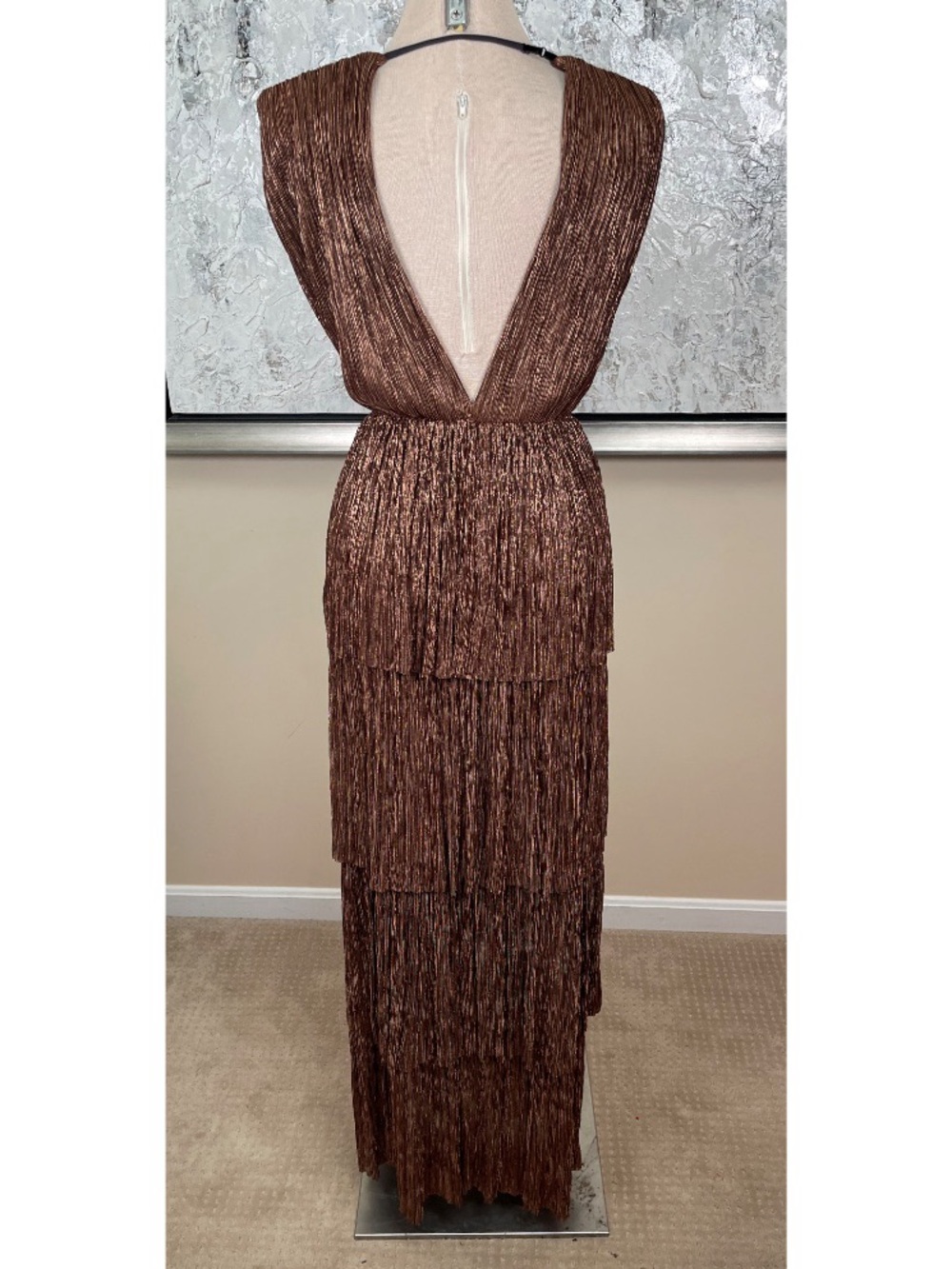 SABINA MUSAYEV Skylar Pleated Metallic Tiered Deep V Brown Maxi Dress Size XS - Picture 5 of 7